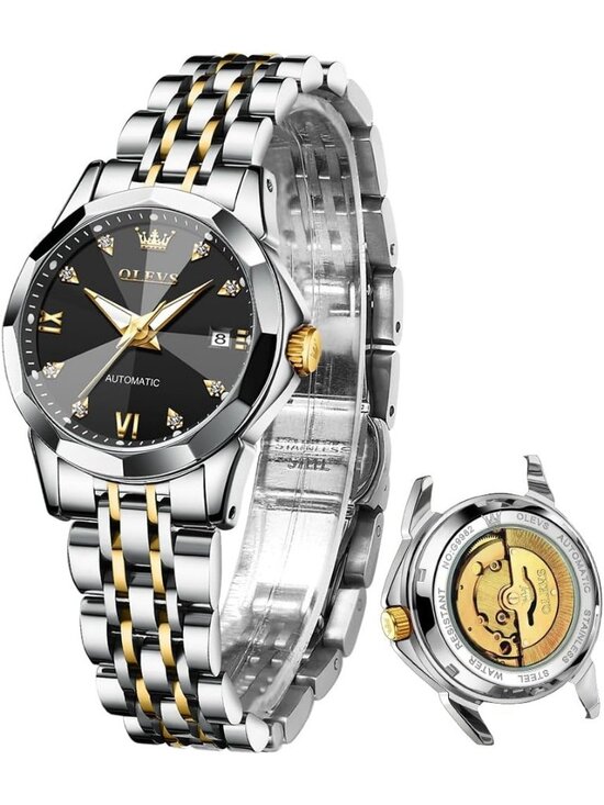Women\'s Gold Black Automatic Luxury Ceramic Strap Self Winding Wrist Watch
